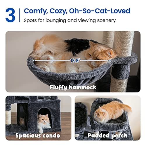 MWPO Smoky Grey Extra Large Cat Tree - 70.1-Inch Tall Multi-Level Tower with 3 Condos, Scratching Posts & Dangling Toys