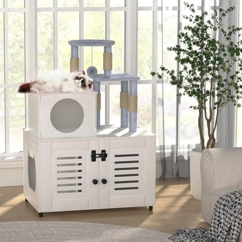 White All-in-One Cat Cabinet with Litter Box, Scratching Post, Soft Perch & Divider