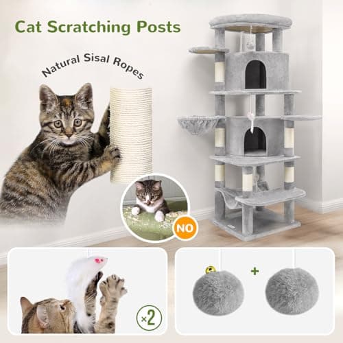 66-inch Tall Curved C66 Cat Tree for Large Cats with 6 Scratching Posts & 2 Condos