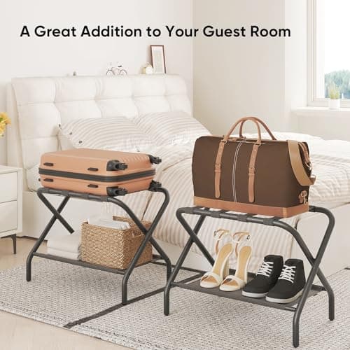 Pack of 2 Folding Luggage Racks with Shoe Shelf - Steel Stand for Guest Room, Hotel, Airbnb - Black