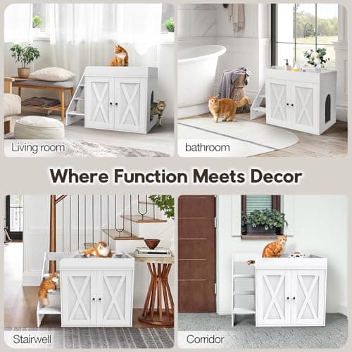 Cat Litter Box Enclosure, White Scratch-Resistant Multi-Functional Furniture & End Table-Easy Assembly
