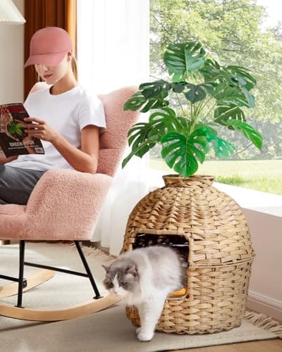 Hidden Handwoven Rattan Cat Litter Box Enclosure with Odor Control, Artificial Plants, Real Stones