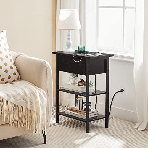 HOOBRO Black Narrow Nightstand with Charging Station BK341BZ01