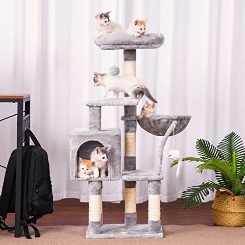 Heybly Cat Tree with Leaves Perches, Basket, Feeding Bowl