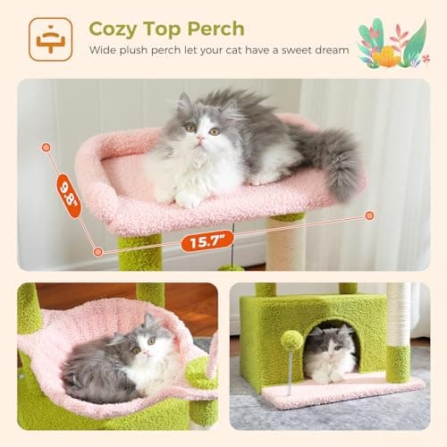 PEQULTI 4-in-1 Multi-Level Pink Cat Tower with Hammock & Scratching Post