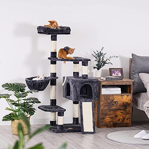 Heybly Multi-Level Cat Tree with Feeding Bowl and Scratching Board for Indoor Cats