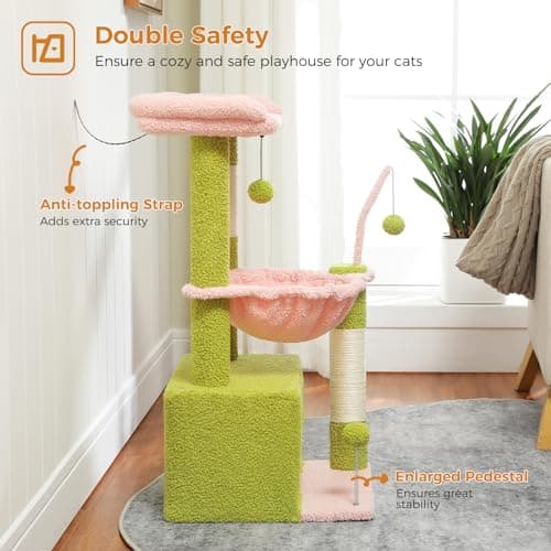 PEQULTI 4-in-1 Multi-Level Pink Cat Tower with Hammock & Scratching Post