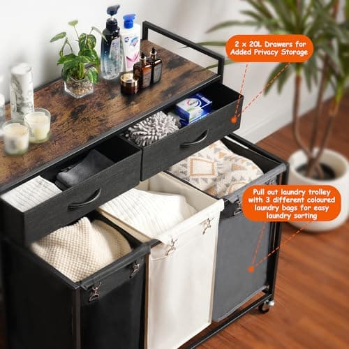 Heybly 126L Laundry Sorter with Rolling Bags and Storage Drawers - Rustic Brown