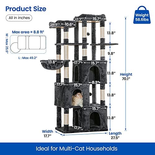 MWPO Smoky Grey Extra Large Cat Tree - 70.1-Inch Tall Multi-Level Tower with 3 Condos, Scratching Posts & Dangling Toys