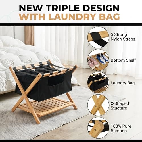 Bamboo Folding Luggage Racks for Guest Room with Laundry Bag and Shoe Rack (Set of 2)