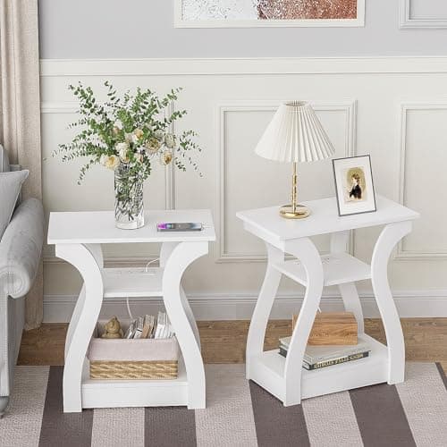 White End Table with Charging Station for Living Room and Bedroom Storage Shelf — White01