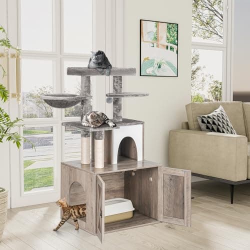 Snughome Cat Litter Box Enclosure with Cat Tree Tower, Condo, and Scratching Post
