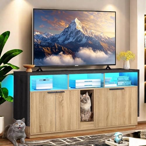 YITAHOME Double Hidden Cat Litter Box for 2 Cats, Gray Oak Enclosure with Outlet & Light