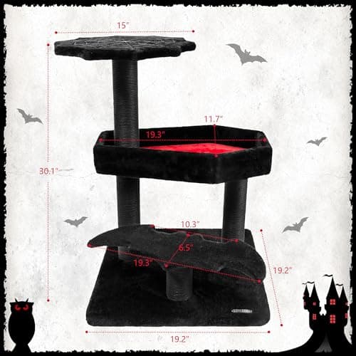 KAMABOKO Gothic Cat Tower with Coffin Bed - 30.3” Black and Red Design for Indoor Cats with Scratching Posts