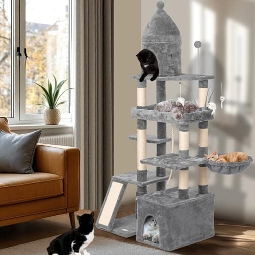Large Cat Tree Tower, Scratching Post & Grooming Station, 72", Dark Grey — Light Grey