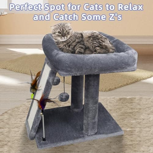 TWDEPART Grey Cat Tree Tower with Scratching Post and Playful Toy Balls