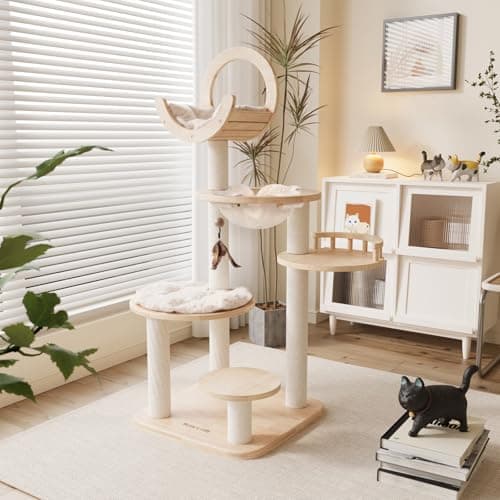 Solid Wood Cat Tree with Hammock, Scratching Posts, and Platforms - 56.3 Multi-Level Cat Tower