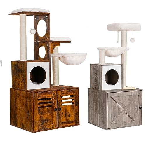 Heybly Wood Litter Box Cat Tree, Large Platform & Condo, Modern Style Cat Tower