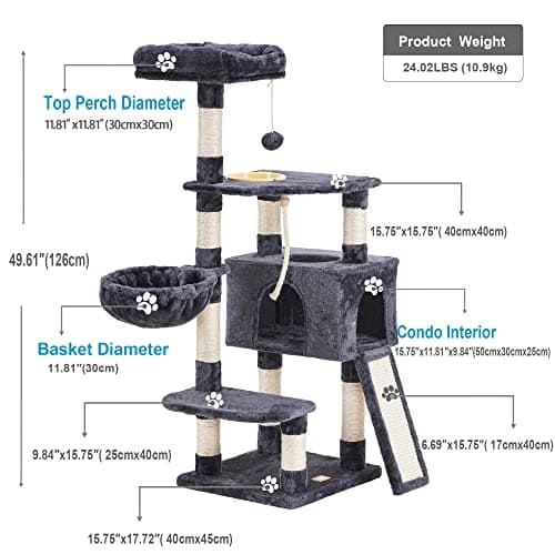 Heybly Multi-Level Cat Tree with Feeding Bowl and Scratching Board for Indoor Cats