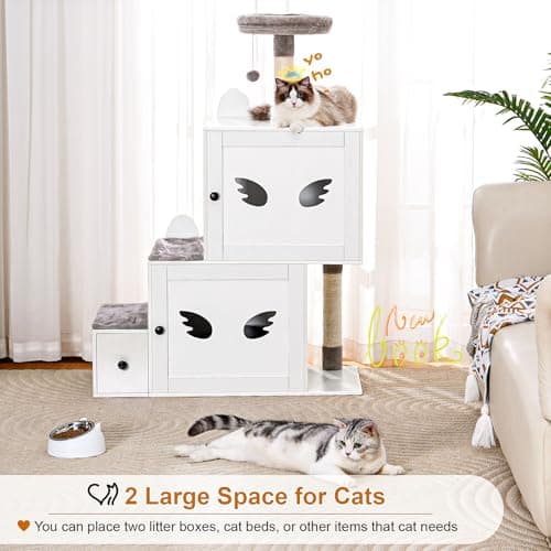 Snughome White 3-in-1 Wooden Cat Tower with Hidden Litter Box-Stairs
