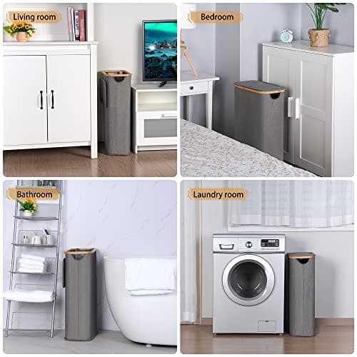 Narrow Laundry Basket with Lid, 60L Grey, Foldable Bamboo Handles, Slim Laundry Hamper