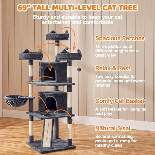 Yaheetech Large Cat Condo with Sisal Platforms & Scratching Posts, Dark Gray