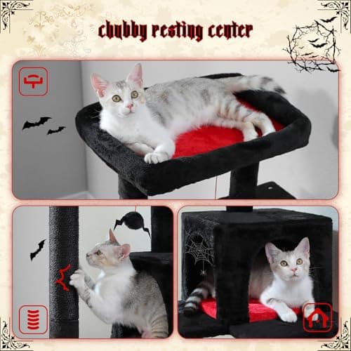 PEQULTI Gothic Black Cat Tree with Big Hammock & Scratching Posts