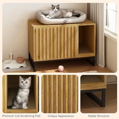 Modern Cat Litter Box Enclosure with Scratch Pad & Washroom (Natural)