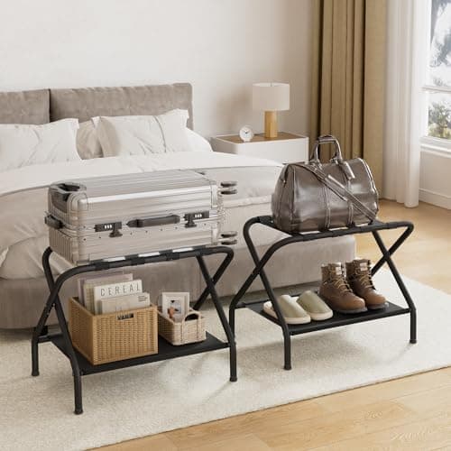 Dunatou Black Folding Luggage Rack, Set of 2, Sturdy with Storage Shelf, Hold Up to 200 lb