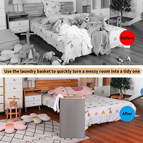 Narrow Laundry Basket with Lid, 60L Grey, Foldable Bamboo Handles, Slim Laundry Hamper