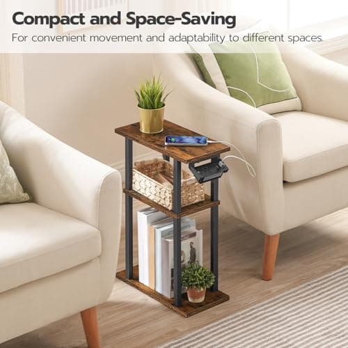 HOOBRO Small Narrow Side Table with Charging Station, Sofa Beside Table on Wheels for Living Room