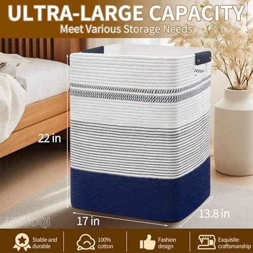 Large Tall Woven Rope Laundry Hamper with Leather Handles - Dark Blue & White