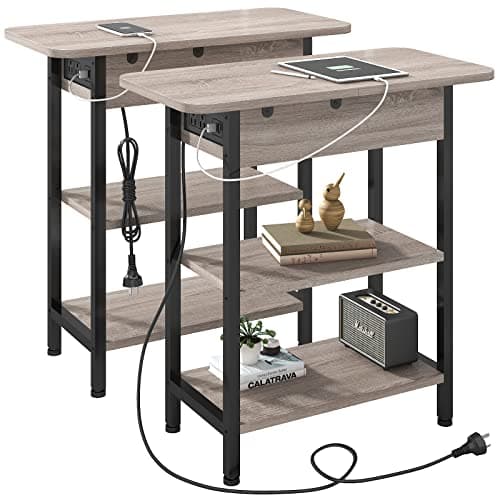 LIDYUK Flip Top Side Table with USB Ports & Outlets, White — Greige