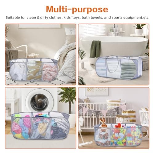 Sturdy 3-Compartment Collapsible Laundry Hamper with Handy Pocket - Grey