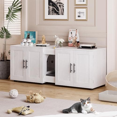 GAOMON 2-Cat Hidden Litter Box Furniture, Walnut Wood Enclosure, 55" L x 17.7" W — White