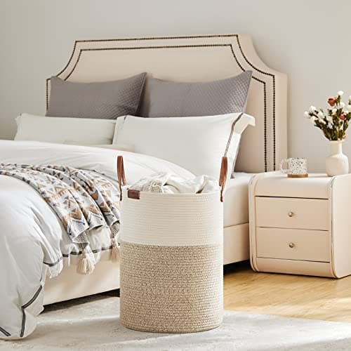 VipoSCO Large White & Brown Woven Laundry Basket for Living Room
