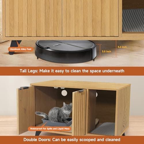 Modern Cat Litter Box Enclosure with Scratching Pad & Natural Oak Legs