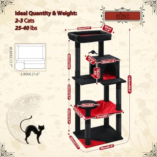 PETEPELA Gothic Cat Tree for Indoor Cats, Tall Tower with Large Hammock, Sisal Scratching Posts, Cozy Condo & Top Perch
