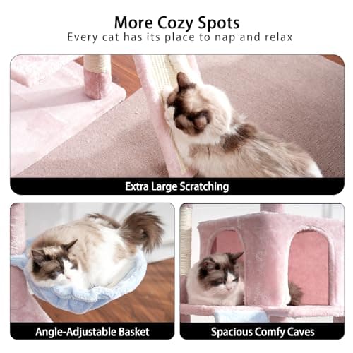 Heybly Cat Tree for Indoor Cats, Multi-Level Furniture Condo with Perch, Basket & Scratching Board - Blue/Pink