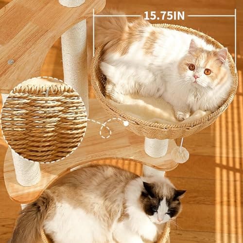 "Luxury Oak Cat Tree Tower for Multiple Cats, Manual Hand Woven, Easy Clean"