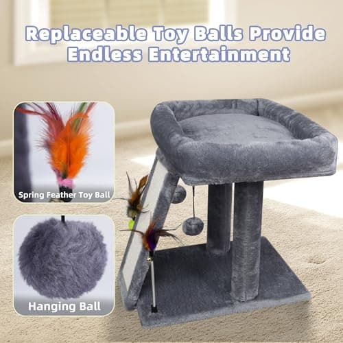 TWDEPART Grey Cat Tree Tower with Scratching Post and Playful Toy Balls