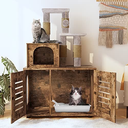 Rustic Brown Cat Litter Box with Tree & Washroom Divider