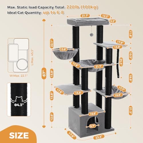 XXL Heavy-Duty Cat Tree for Large Cats with 13 Thick Scratching-posts & Spacious Perch - Black