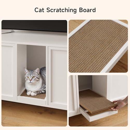 Cat Scratch Pad Litter Box Enclosure, 59 Inches, Off White, Double Room
