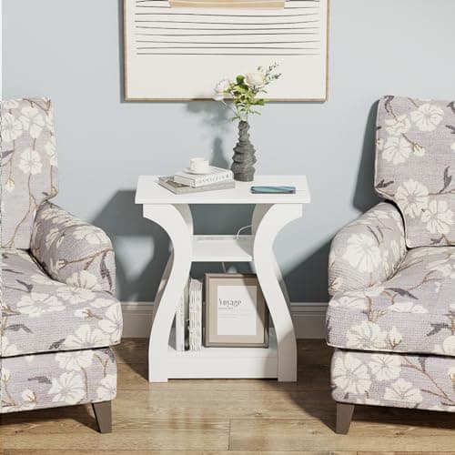 White End Table with Charging Station for Living Room and Bedroom Storage Shelf