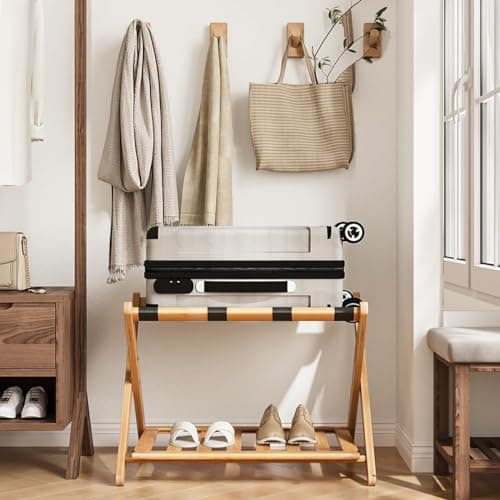 Wooden Luggage Racks Set of 3, Foldable with Storage Shelf, Hotel Suitcase Stand