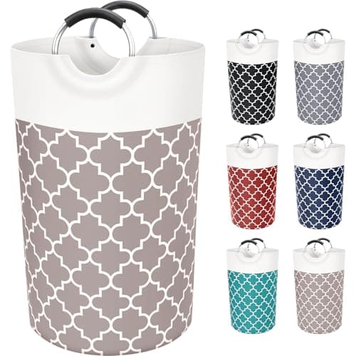Large Collapsible Laundry Hamper Bag with Handles, 82L Waterproof Storage for College Dorm and Family (Grey) — Khaki