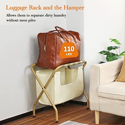Elyken Gold 2 Pack Luggage Rack with Laundry Bag, Max 110Lbs Storage Shelf
