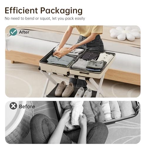 Solid Oak Wood Luggage Rack with Storage, Leather Straps, White, Ideal for Guest Room, Bedroom, Hotel