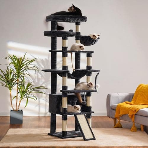 Heybly 78-Inch Multi-Level Cat Tree for Indoor Cats with Plush Perches, Scratching Board, and Caves - Smoky Gray